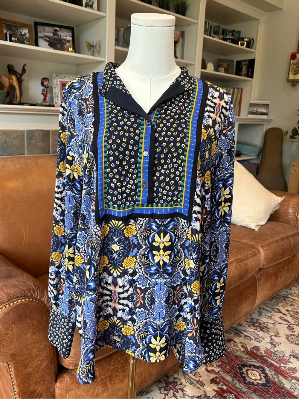 LOFT Blue, Yellow & Navy blue Floral Long-Sleeve Blouse